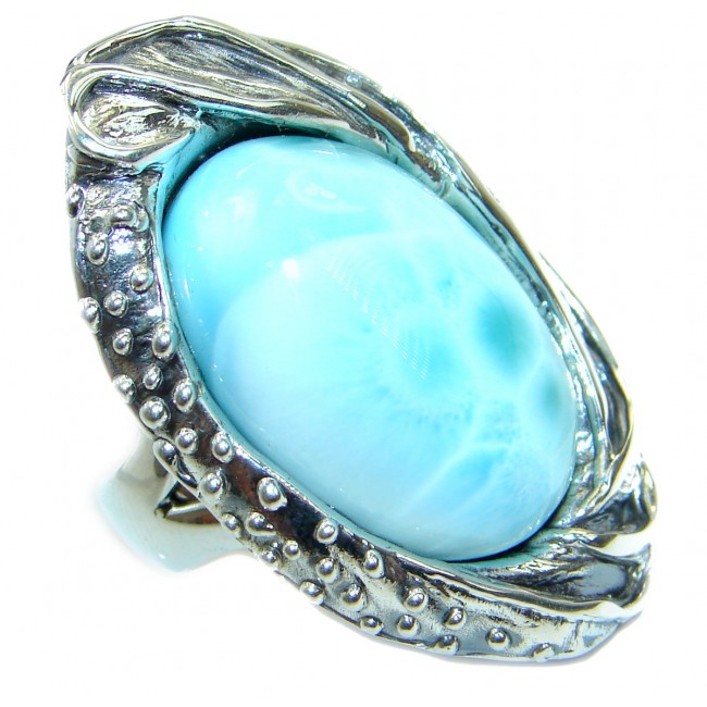 Huge Treasure Blue Larimar .925 Sterling Silver handmade ring s. 8 adjustable