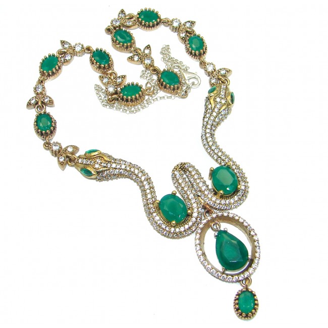Victorian Style Snakes created Green Emerald & White Topaz .925 Sterling Silver necklace