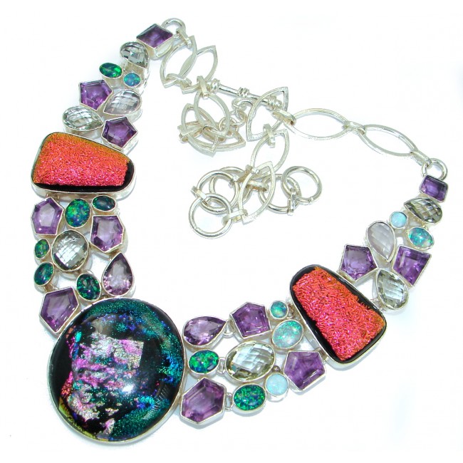 Color Fusion Dichroid Glass & MultiGEM .925 Sterling Silver handcrafted necklace