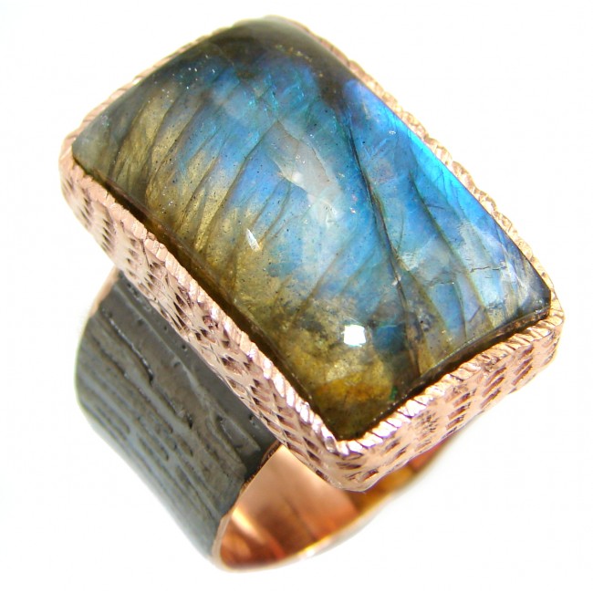 Large Fire Labradorite Rose Gold over .925 Sterling Silver handmade ring size 8 3/4