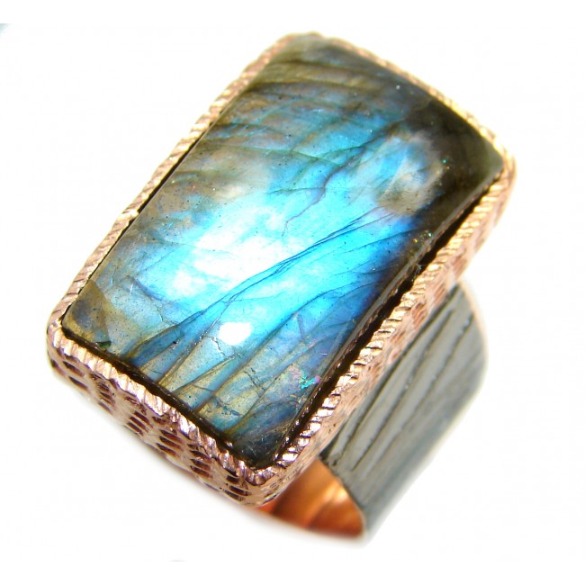 Large Fire Labradorite Rose Gold over .925 Sterling Silver handmade ring size 8 3/4