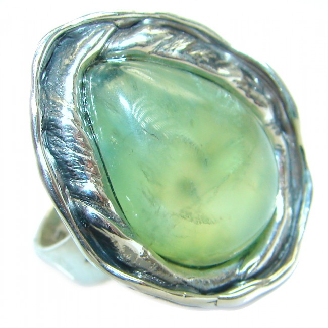 Natural Moss Prehnite .925 Sterling Silver handmade ring s. 8 adjustable