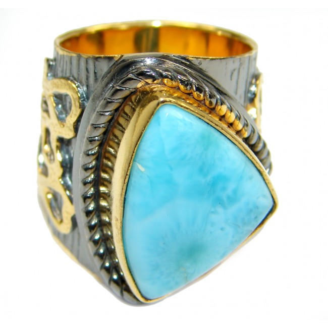 Treasure Blue Larimar two tones .925 Sterling Silver handmade ring s. 7 1/4