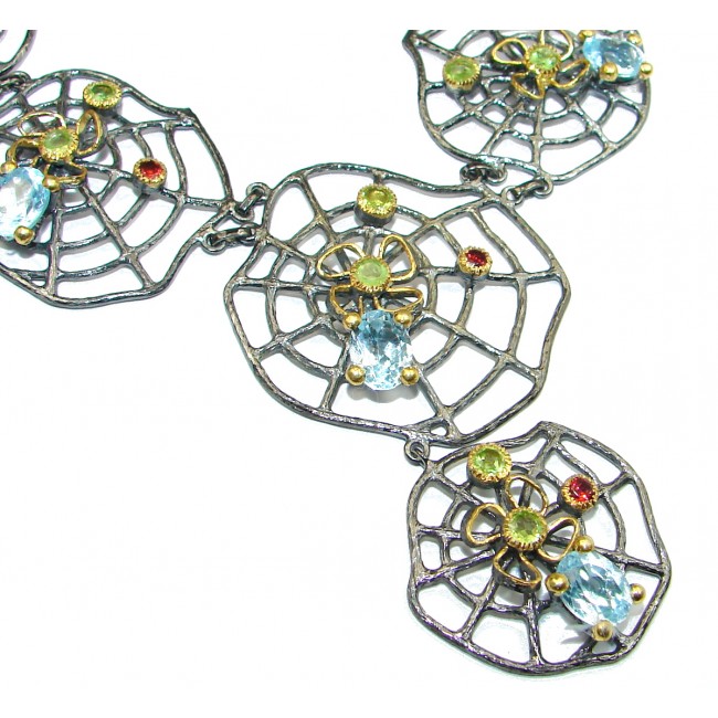 Huge Spider's Web genuine Swiss Blue Topaz 18 ct Gold Rhodium over .925 Sterling Silver handcrafted necklace