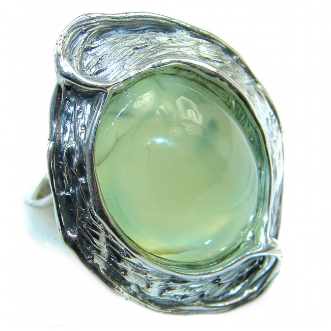 Natural Moss Prehnite oxidized .925 Sterling Silver handmade ring s. 8 adjustable