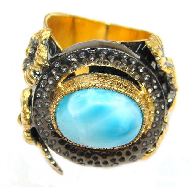 Treasure Blue Larimar two tones .925 Sterling Silver handmade ring s. 7 adjustable