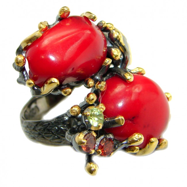 Natural Fossilized Coral 14K Gold over .925 Sterling Silver handmade ring s. 7