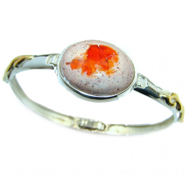 One of the kind Orange Mexican Fire Opal two tones .925 Sterling Silver Bracelet / Cuff