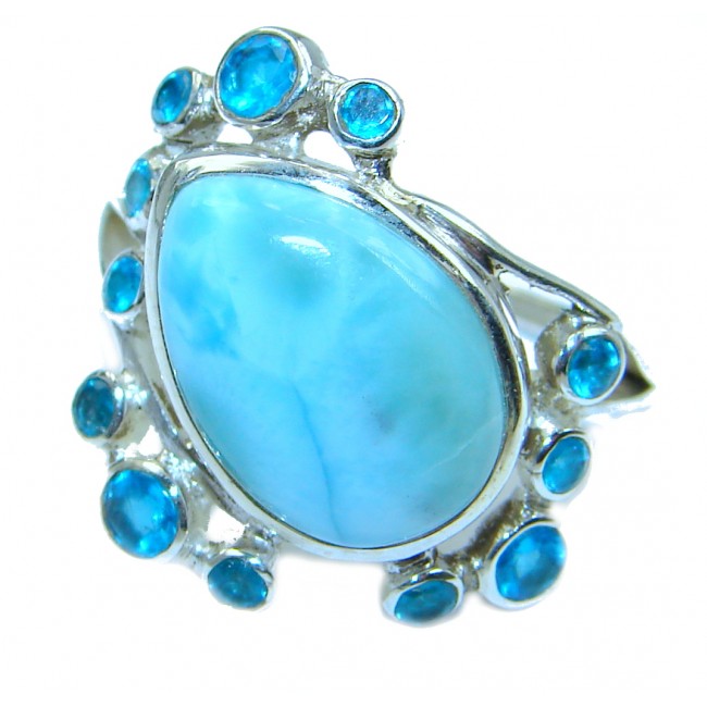 Natural Larimar Swiss Blue Topaz .925 Sterling Silver handcrafted Ring s. 7 1/2