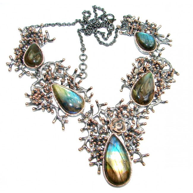Chunky Cascade of Lights Labradorite Gold over .925 Sterling Silver entirely handcrafted necklace