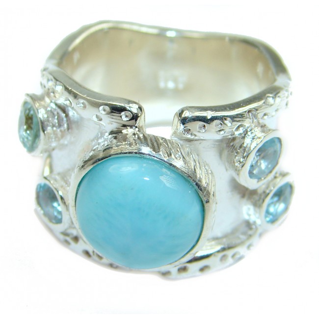 Natural Larimar Swiss Blue Topaz .925 Sterling Silver handcrafted Ring s. 6 3/4