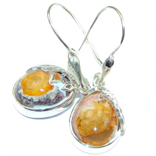 Long Orange Mexican Fire Opal hammered .925 Sterling Silver handcrafted earrings