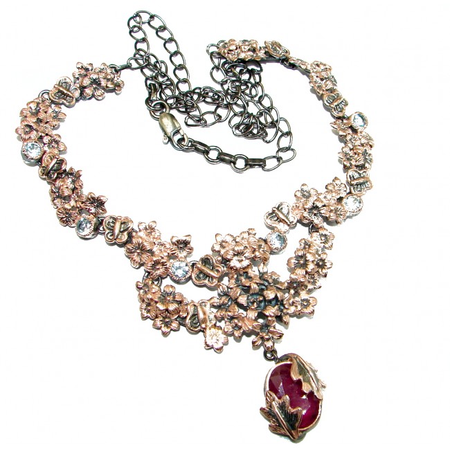 CHic Boho Style Genuine Ruby Rose Gold over .925 Sterling Silver handmade necklace