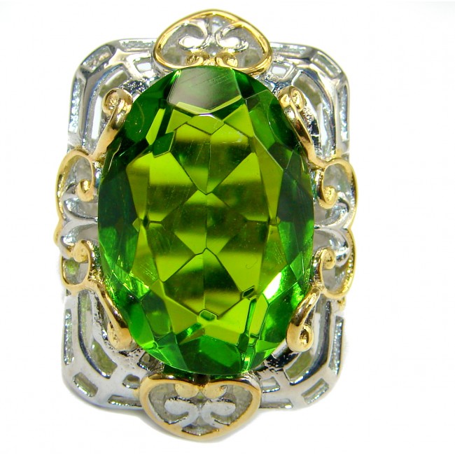 Exotic Emerald color Topaz two tones .925 Sterling Silver handcrafted Ring s. 7 1/4