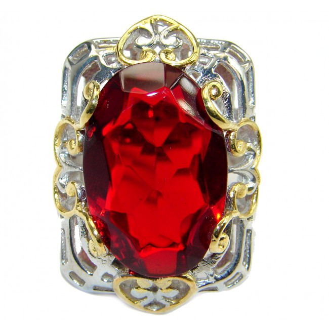 Ruby color Quartz Topaz two tones .925 Sterling Silver handcrafted Ring s. 6 1/4