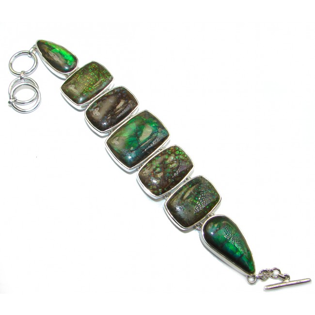 Green Fire Genuine Canadian Ammolite .925 Sterling Silver handmade bracelet