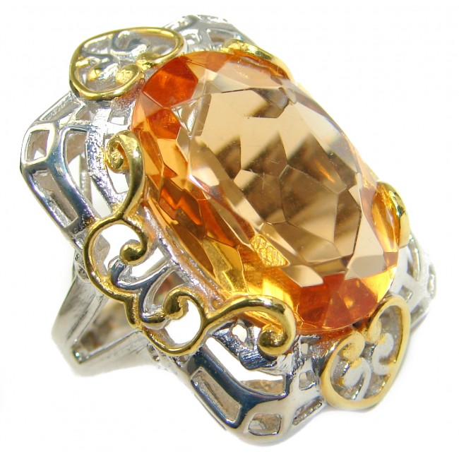 Golden color Quartz Topaz two tones .925 Sterling Silver handcrafted Ring s. 6 1/4