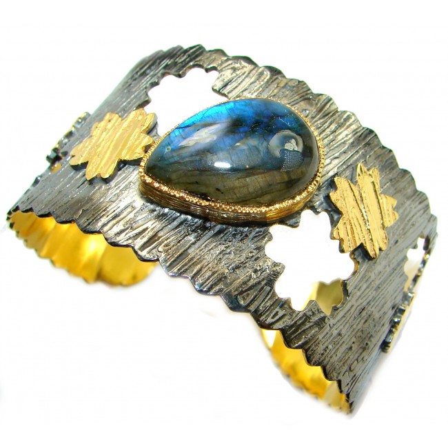 Unique Design Fire Labradorite 18K Gold Rhodium over .925 Sterling Silver handmade Bracelet / Cuff