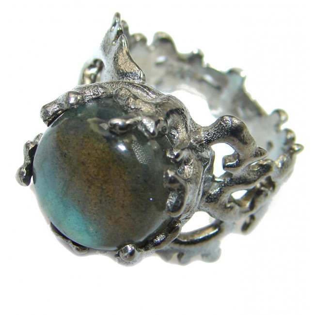 Large Fire Labradorite Rhodium over .925 Sterling Silver handmade ring size 7 1/4