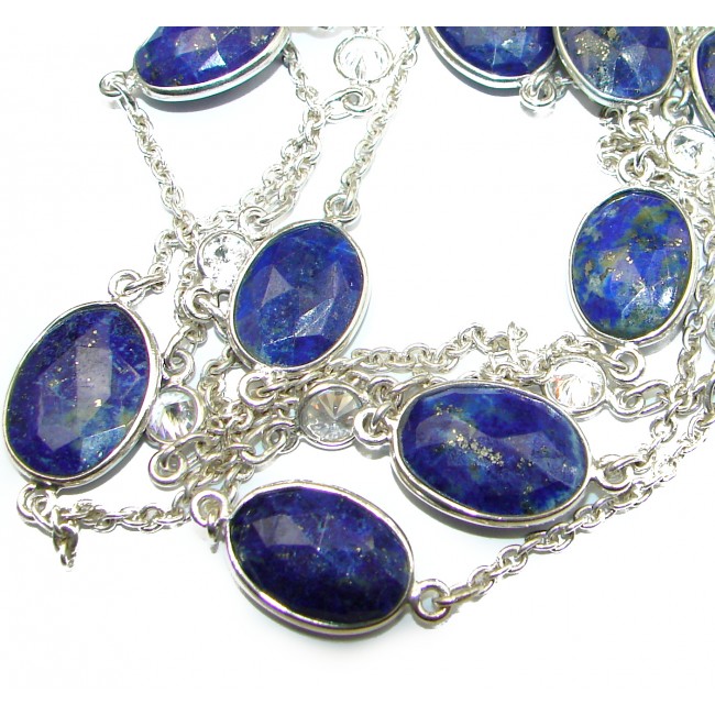 36 inches genuine Lapis Lazuli .925 Sterling Silver Station Necklace