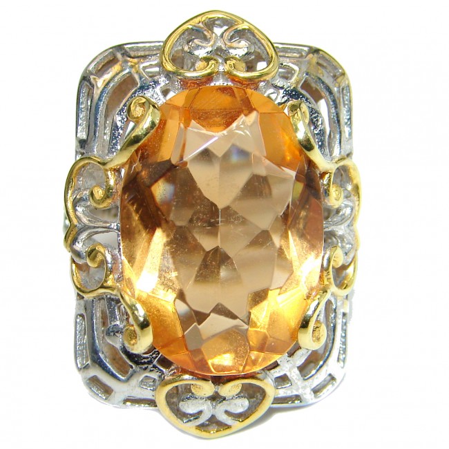 Golden Quartz two tones .925 Sterling Silver handcrafted Ring s. 7 1/2