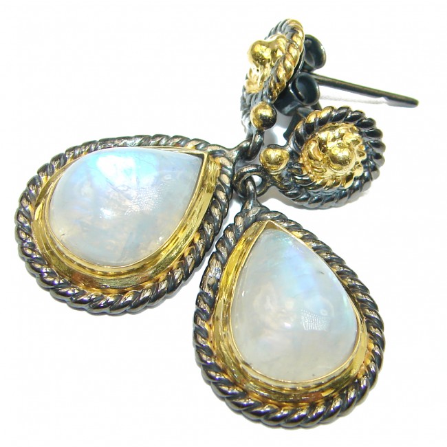 Genuine Fire Moonstone Gold over .925 Sterling Silver handcrafted Earrings