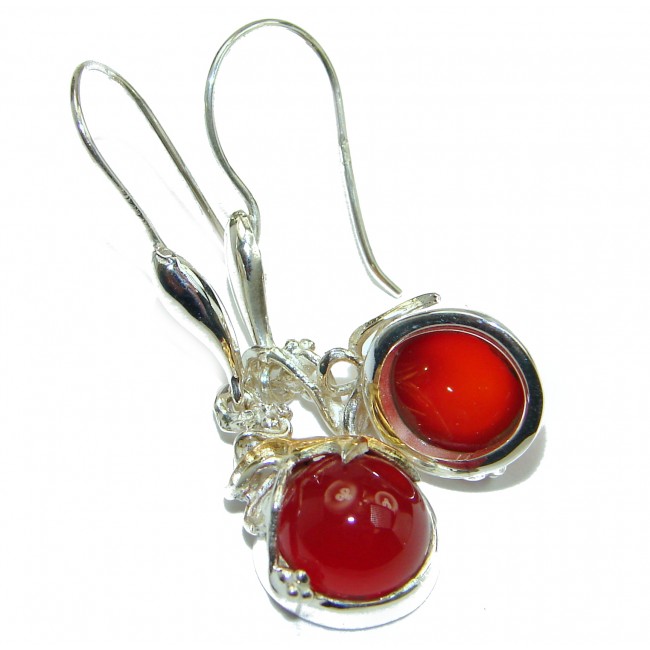 Long Orange Mexican Fire Opal Gold over .925 Sterling Silver handcrafted earrings