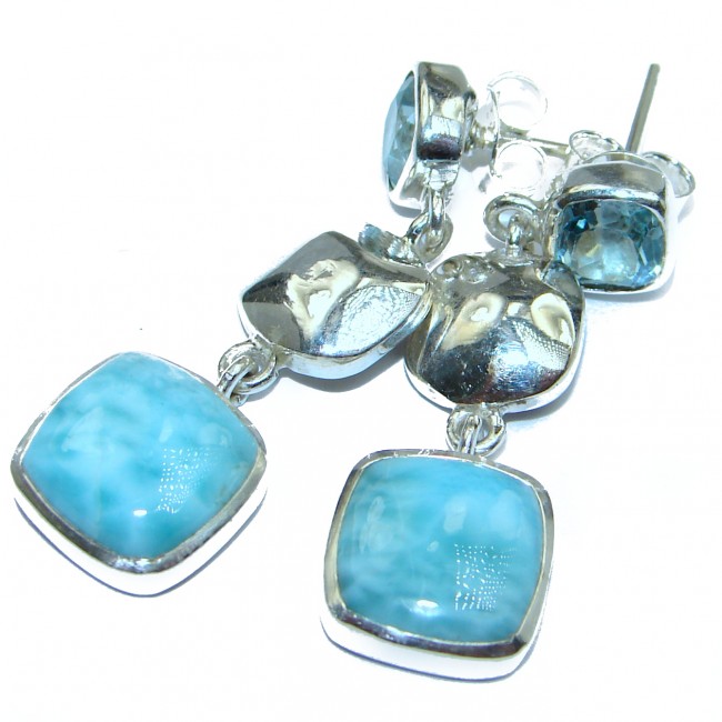 Rich Design Larimar Swiss Blue Topaz .925 Sterling Silver handcrafted earrings