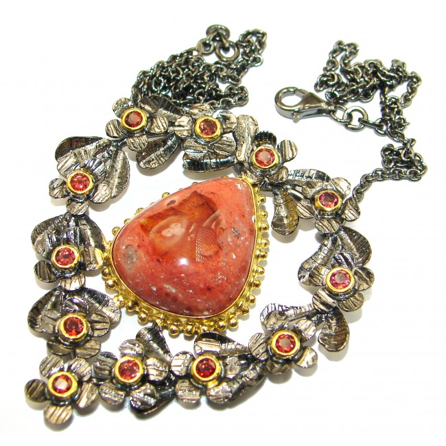 Sweet Heart Mexican Fire Opal Garnet Gold over .925 Sterling Silver handmade Necklace