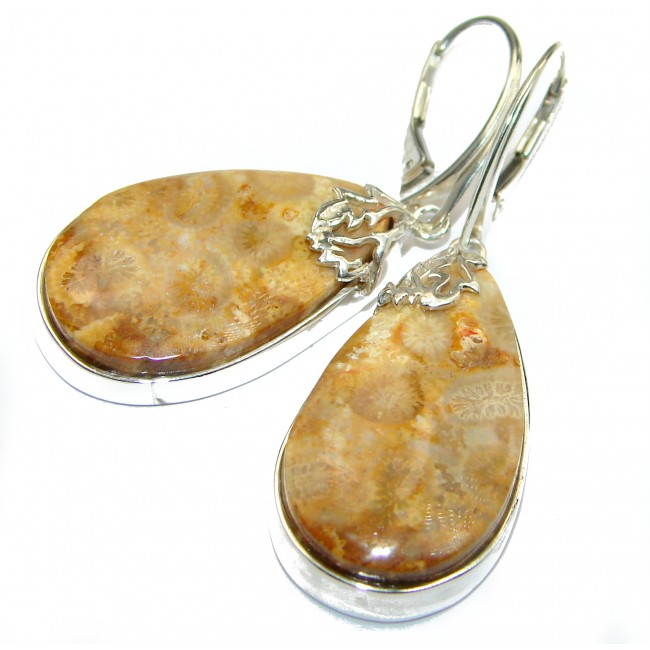 Boho Style Genuine Fossilized Coral .925 Sterling Silver handmade earrings