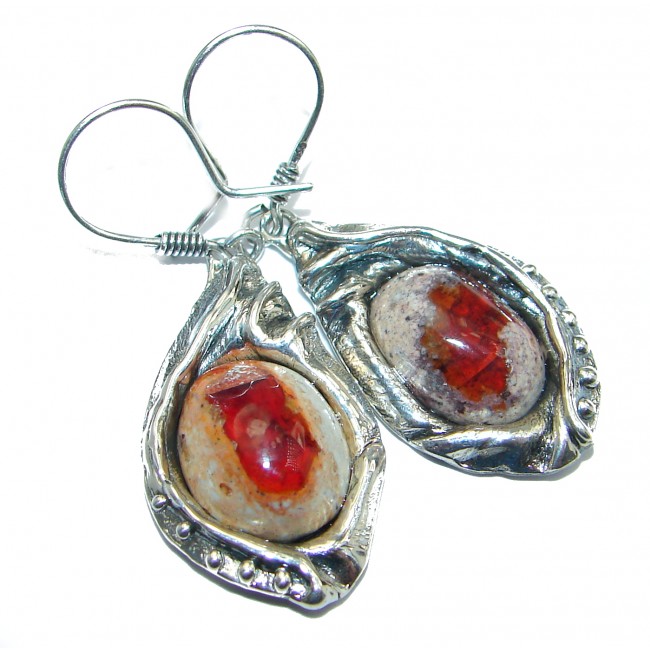 Long Orange Mexican Fire Opal .925 Sterling Silver handcrafted earrings