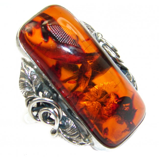 Large Genuine Baltic Polish Amber .925 Sterling Silver handmade Ring size 10