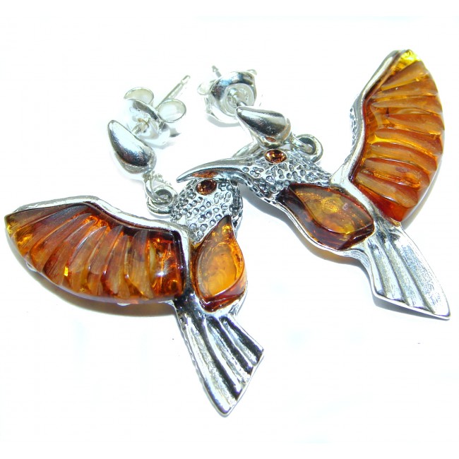 Hummingbird Genuine CARVED Baltic Amber .925 Sterling Silver handcrafted Earrings
