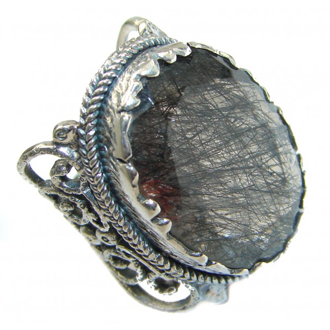 Huge Mysterious Tourmalinated Quartz .925 Sterling Silver handmad ring s. 6 1/4
