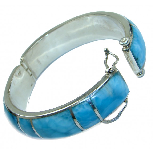 Huge Genuine inlay Blue Larimar .925 Sterling Silver handcrafted Bracelet Cuff
