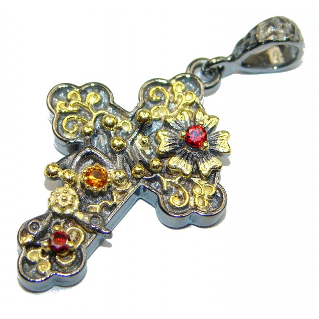 Holy Cross genuine Sapphire Gold over .925 Sterling Silver handmade Pendant