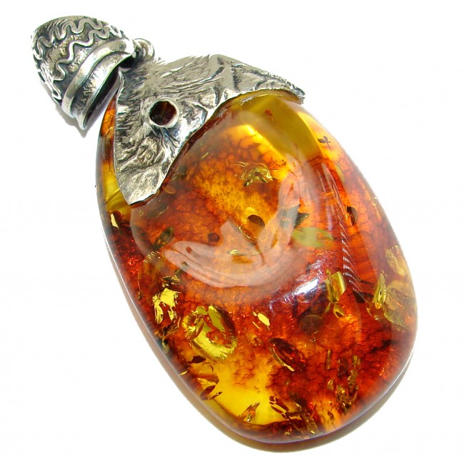 HUGE 3inches long Natural Baltic Amber .925 Sterling Silver handmade Pendant