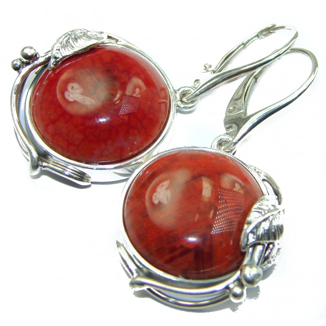 Unique Rustic Floral design Mexican Agate .925 Sterling Silver handmade earrings