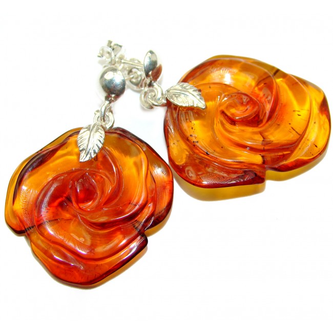 Genuine carved Roses Baltic Amber .925 Sterling Silver handcrafted Earrings