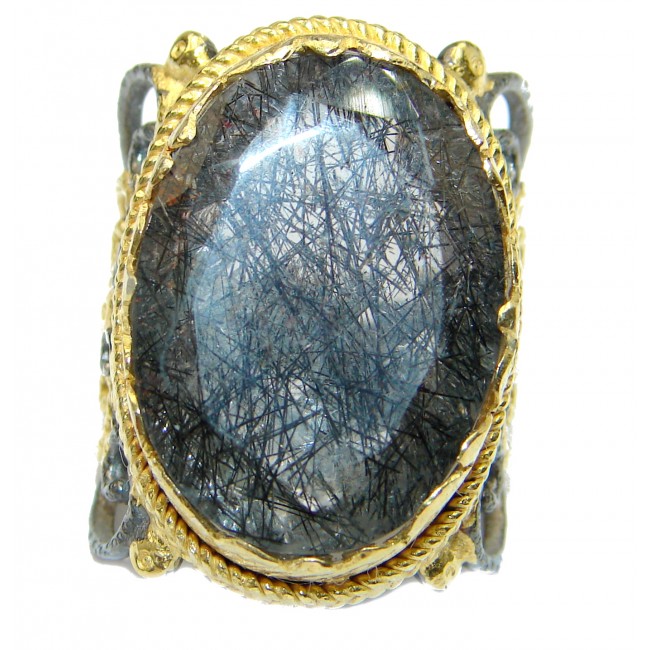 Mysterious Tourmalinated Quartz 14K Gold over .925 Sterling Silver handmad ring s. 8
