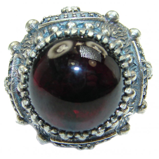 Huge Genuine Garnet Rhodium over .925 Sterling Silver handmade Ring s. 8 1/4