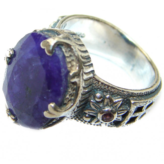 Large Vintage Style Sapphire & White Topaz Sterling Silver ring; s. 6 1/2