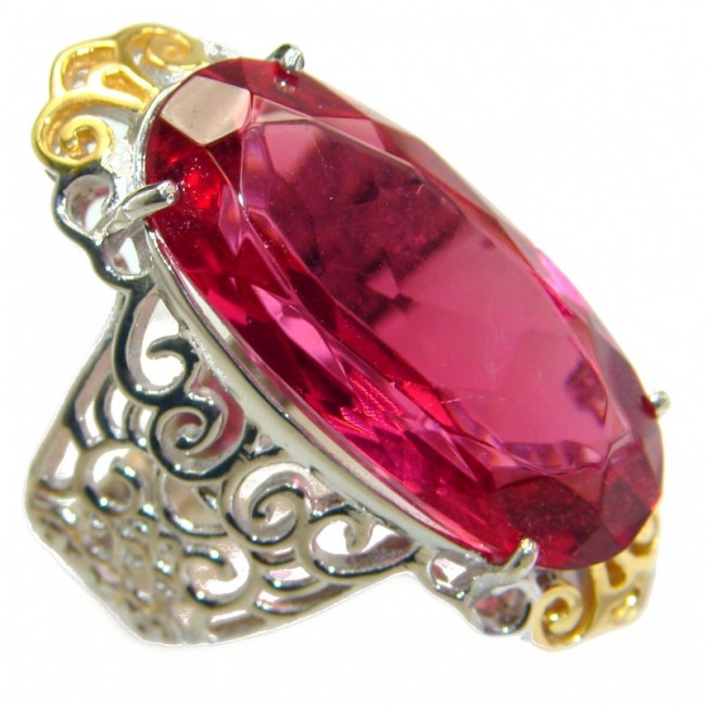 Exotic Pink Raspberry Topaz two tones .925 Sterling Silver handcrafted Ring s. 6