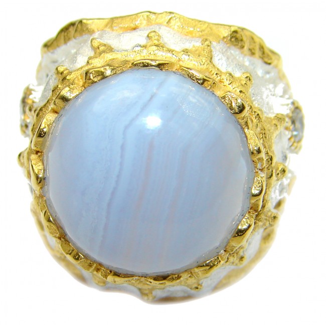 Blue Chalcedony Agate 14K Gold over .925 Sterling Silver handcrafted Ring s. 8