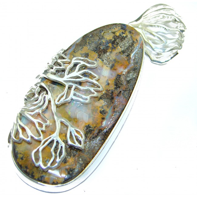 Rustic Design Authentic Australian Boulder Opal .925 Sterling Silver handmade Pendant