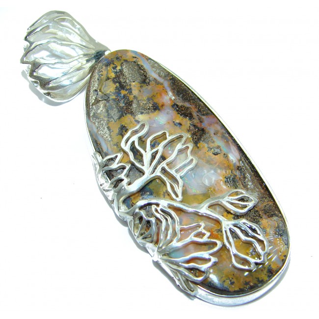 Rustic Design Authentic Australian Boulder Opal .925 Sterling Silver handmade Pendant