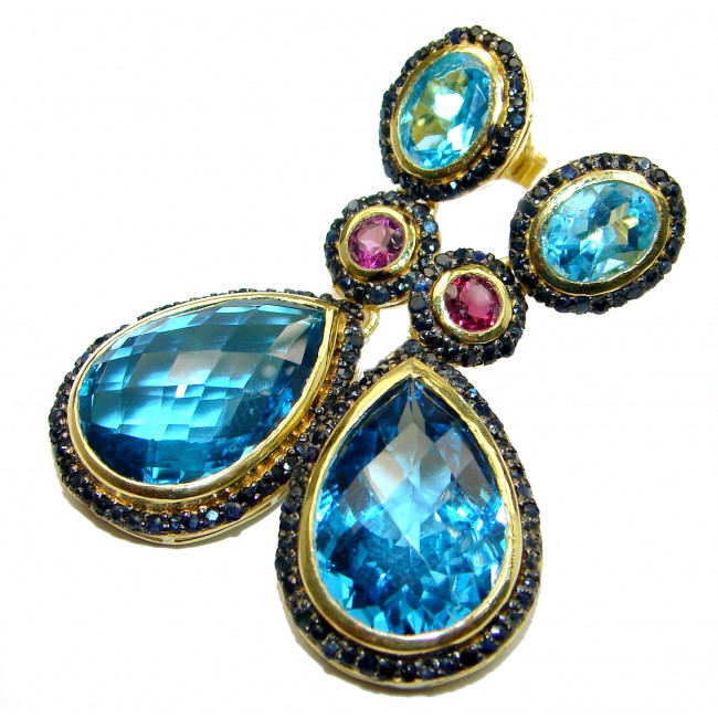 LARGE 45ct Swiss Blue Topaz & Black Diamonds .925 Sterling Silver handcrafted earrings
