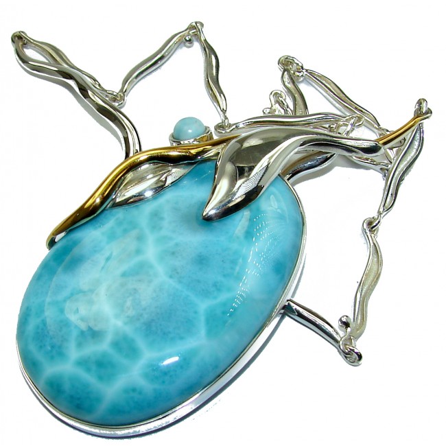 Huge Best quality authentic Larimar 14ct Gold over .925 Sterling Silver handmade necklace
