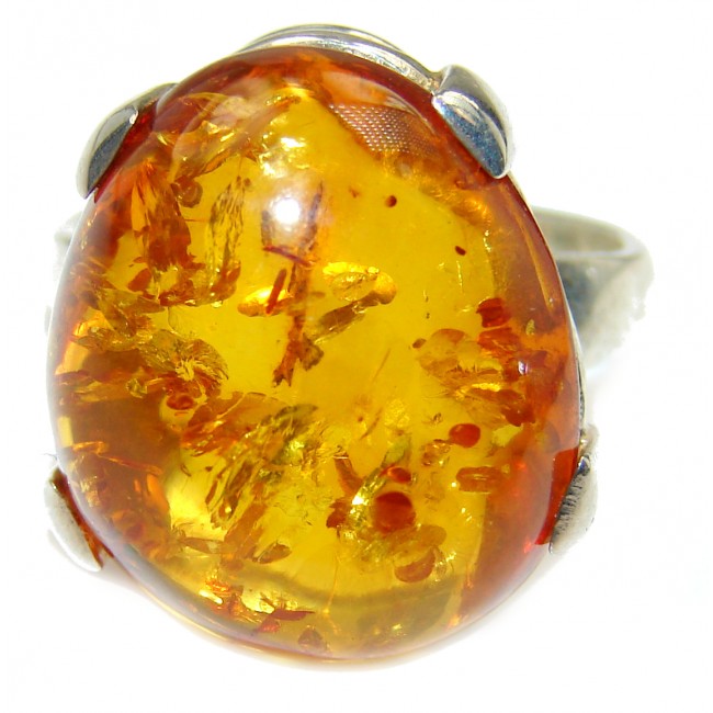 Huge Genuine Baltic Amber .925 Sterling Silver handmade Ring size 8 adjustable