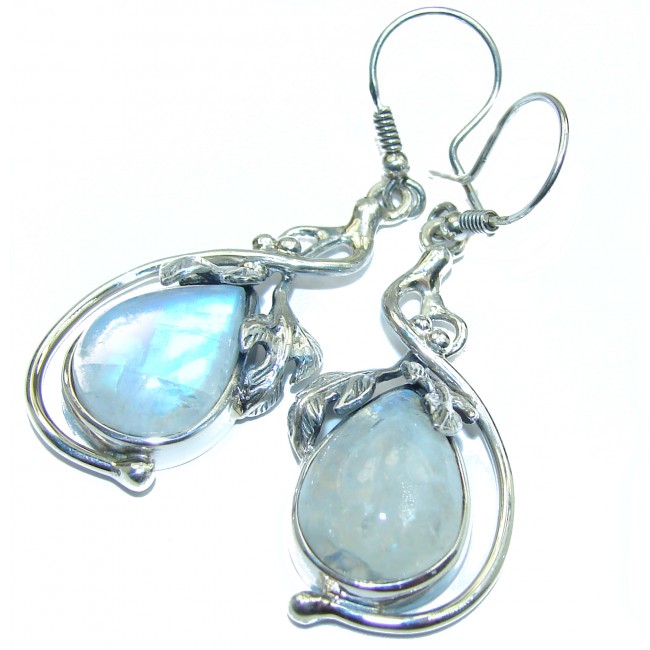 Floral Design Genuine Fire Moonstone .925 Sterling Silver handcrafted Earrings